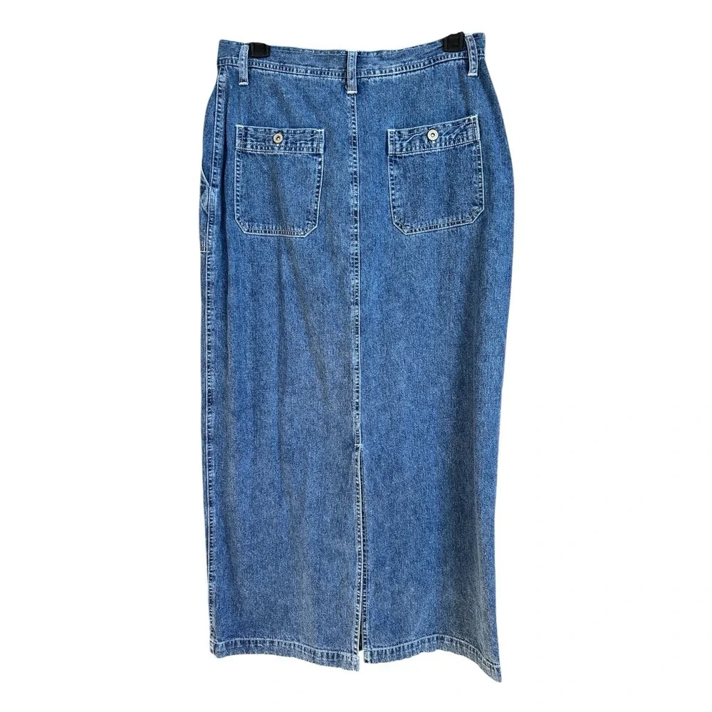 VTG Faded Glory Womens Blue Denim Maxi Skirt Size 10 Pockets Back Slit Y2K 90's